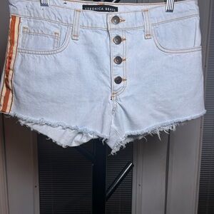 Veronica Beard White Jean Shorts with Distressed Hem